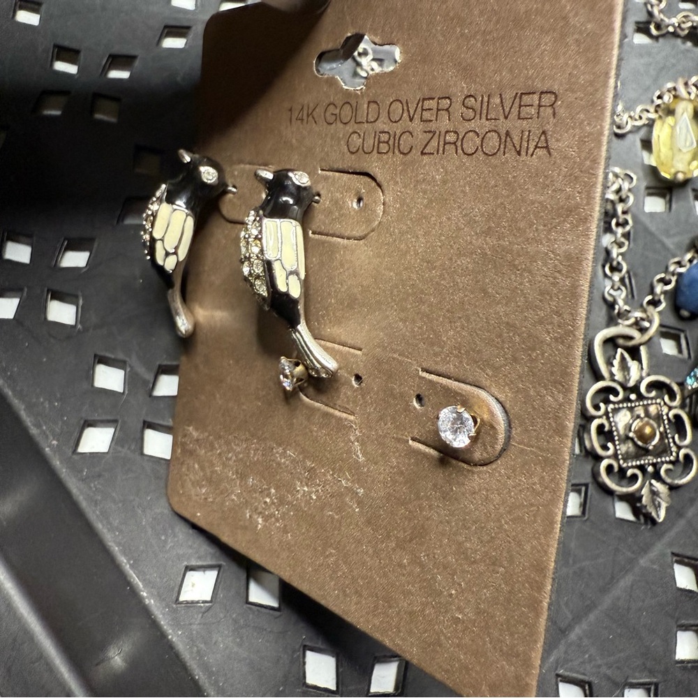 Lucky Brand Bird Charm Necklace + 14K Gold Over Silver CZ Bird Earrings Set - Picture 5 of 10